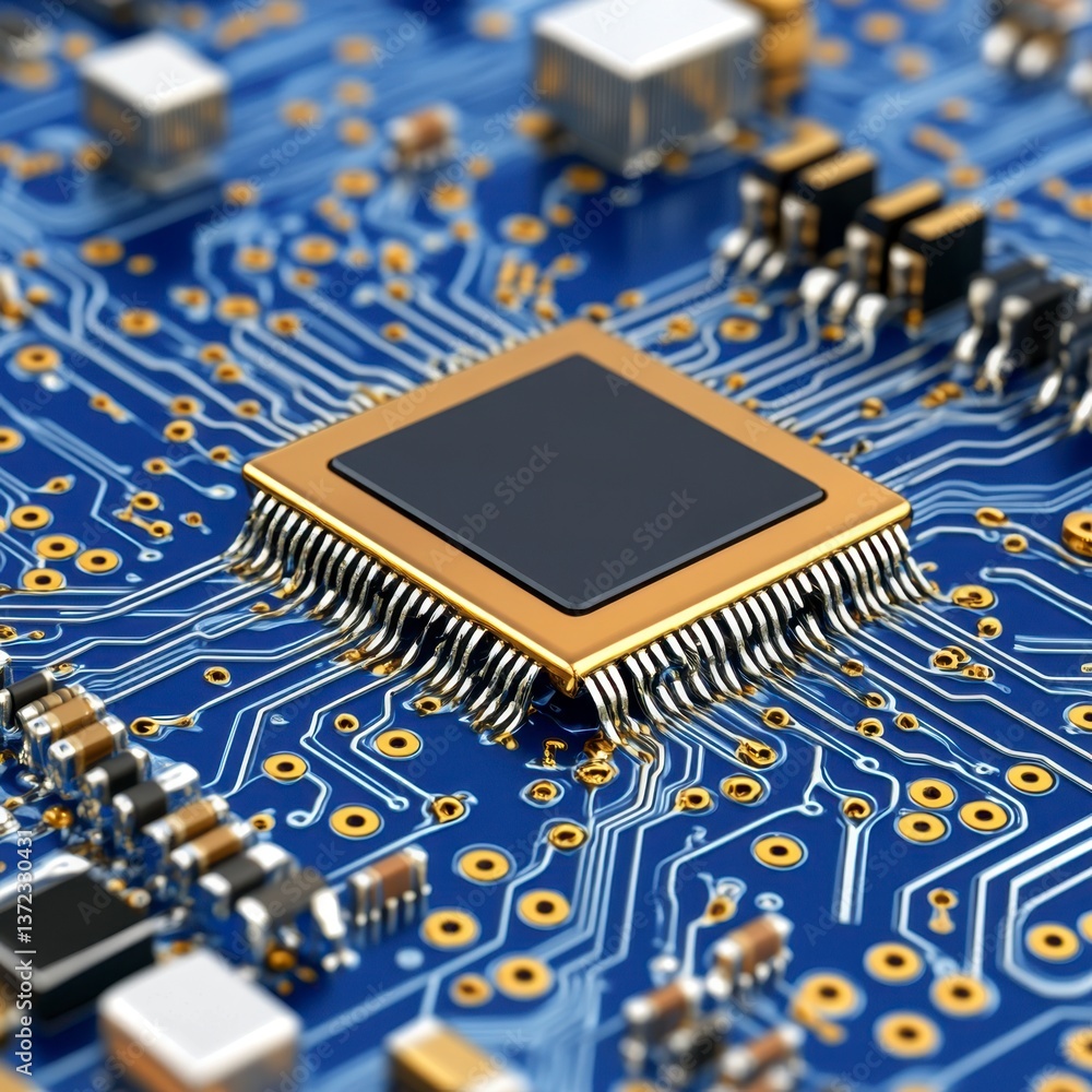Poster close up view of a gold plated microprocessor chip on a blue circuit board. the intricate circuitry 