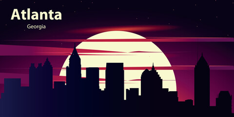 black silhouette of the city of Atlanta, Georgia against the backdrop of the Big Yellow Moon and the starry sky with red clouds. City panorama in neon style.
