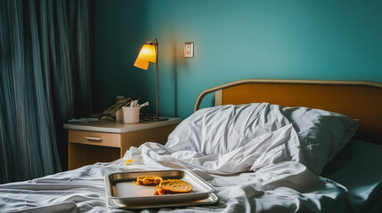 Hospital room bed with food tray and lamp health care recovery concept