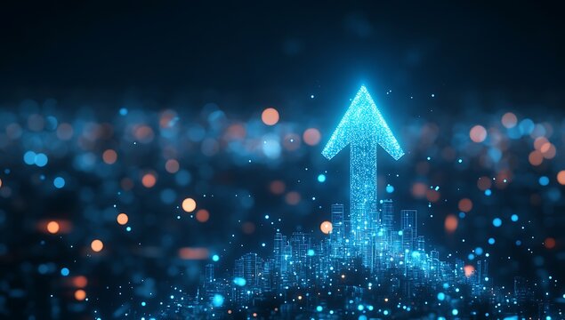 Abstract stock market graph with blue arrow pointing upwards on dark background with city lights