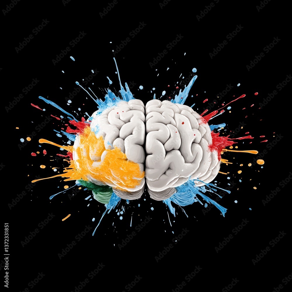 Poster a 3d rendering of a human brain exploding with vibrant paint splatters in blue, yellow, orange and r