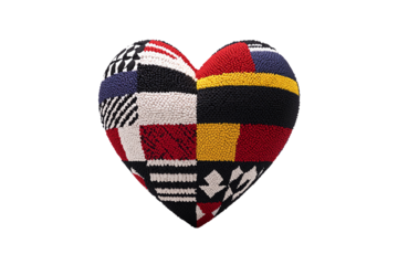 A textured heart shape featuring a vibrant patchwork design with various colors and patterns.