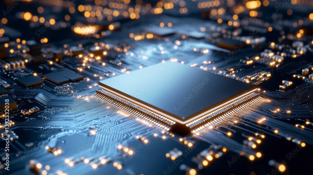 Poster close up view of a central processing unit (cpu) on a circuit board, illuminated with warm light, sh