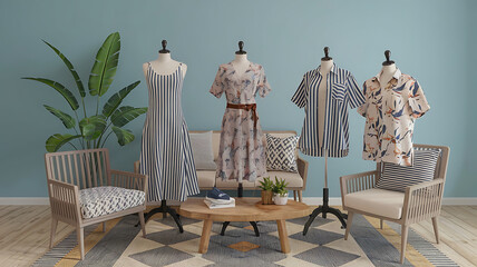Coastal fashion display stylish dresses and shirts wooden furniture modern interior