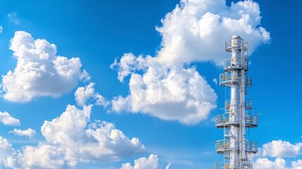 Tall industrial distillation column against a vibrant blue sky with fluffy white clouds. The metallic structure is detailed, showcasing platforms and pipes.