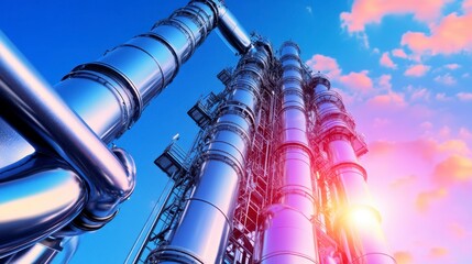 Low angle view of tall industrial metallic structures against a vibrant sunset sky. The structures are predominantly silver with hints of purple and pink hues reflecting the sunlight.