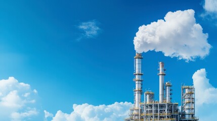 Obraz premium Industrial plant emitting white smoke against a clear blue sky with fluffy white clouds. The image focuses on the plant's tall structures and the plume of smoke.