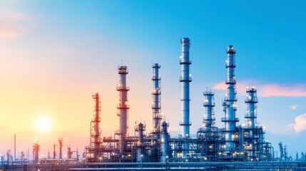 Obraz premium Industrial refinery at sunset, featuring tall towers and intricate structures against a vibrant sky. The image showcases the complex machinery and infrastructure of an oil refinery.