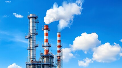 Obraz premium Industrial refinery towers emitting white smoke against a vibrant blue sky with fluffy white clouds. The towers are tall and slender, with a red and white striped design.