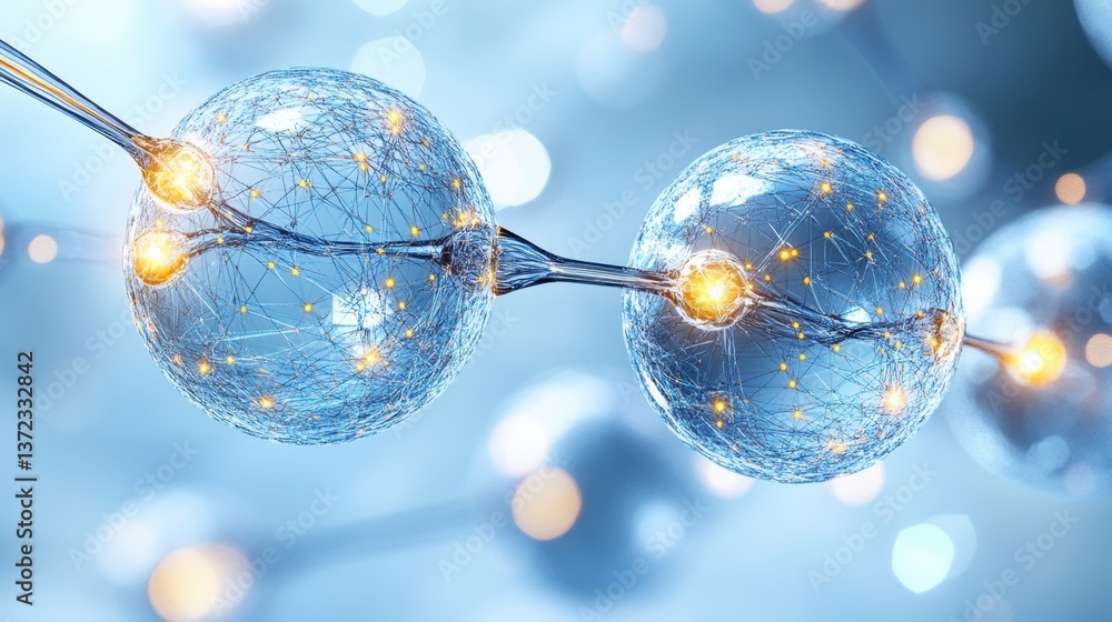 Poster abstract image of two interconnected translucent spheres filled with glowing particles, connected by