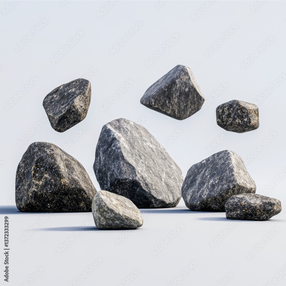 Poster several dark gray and speckled rocks levitate against a bright white background. the rocks vary in s
