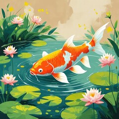 Naklejka premium Vibrant digital illustration featuring a k oi fish swimming in a serene pond