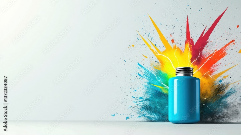 Poster a blue container with a colorful explosion of paint around it