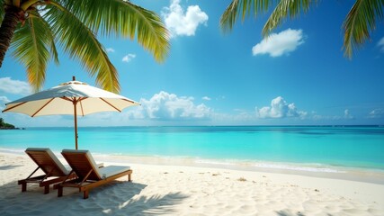 Obraz premium Tranquil tropical beach scene with two lounge chairs under a sun umbrella, turquoise water, and clear blue sky.