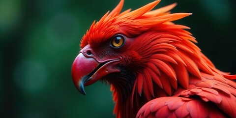 Fototapeta premium Fiery Avian Majesty A Close-Up Portrait of a Vivid Red Bird with Intense Gaze and Striking Plumage