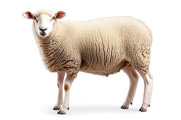 Fototapeta premium A white sheep standing calmly on a blank white background