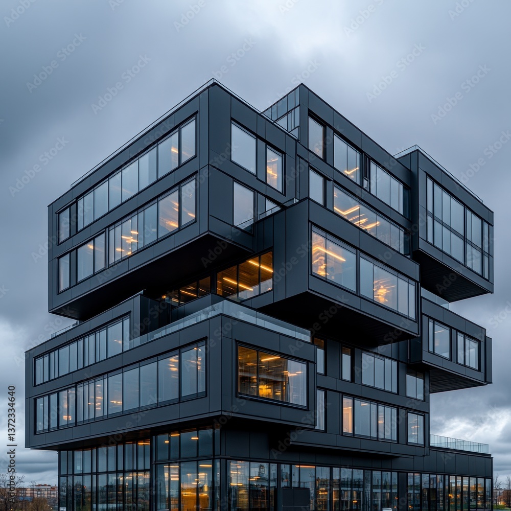 Poster modern black building with geometric design, illuminated windows, and cloudy sky background. the str