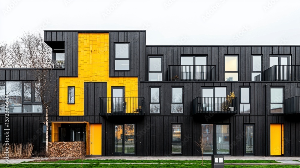 Poster modern apartment building with black and yellow exterior. the building features multiple units with 