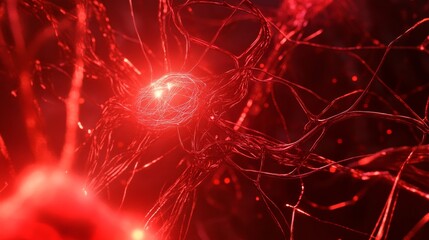 Vibrant red abstract background showcasing a neural network with dynamic light beams and connections