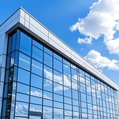 Obraz premium Modern glass building reflecting blue sky and clouds. Clean lines, bright sunlight. Architectural detail showcasing contemporary design.