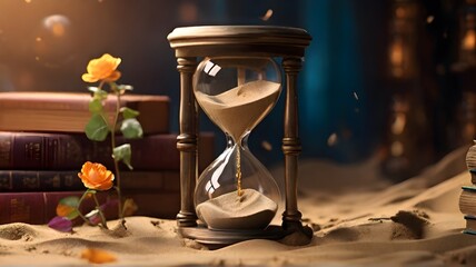 hourglass with red sand and gold coins