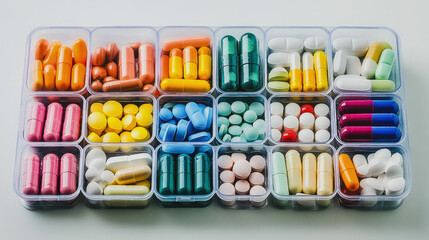Medication management colorful pills organized in pill organizer boxes