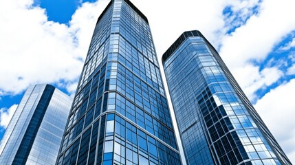 Obraz premium Low angle view of three modern glass skyscrapers against a bright blue sky with fluffy white clouds. The buildings reflect the sky and clouds.