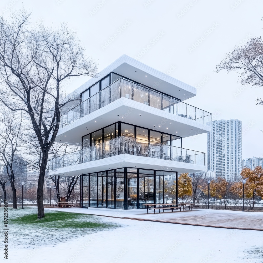 Poster modern white three story building with glass walls and black frames, situated in a snowy park with l