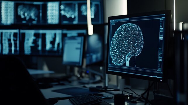 A next gen AI powered brain computer interface lab, scientists testing real-time neural signal processing, futuristic research facility