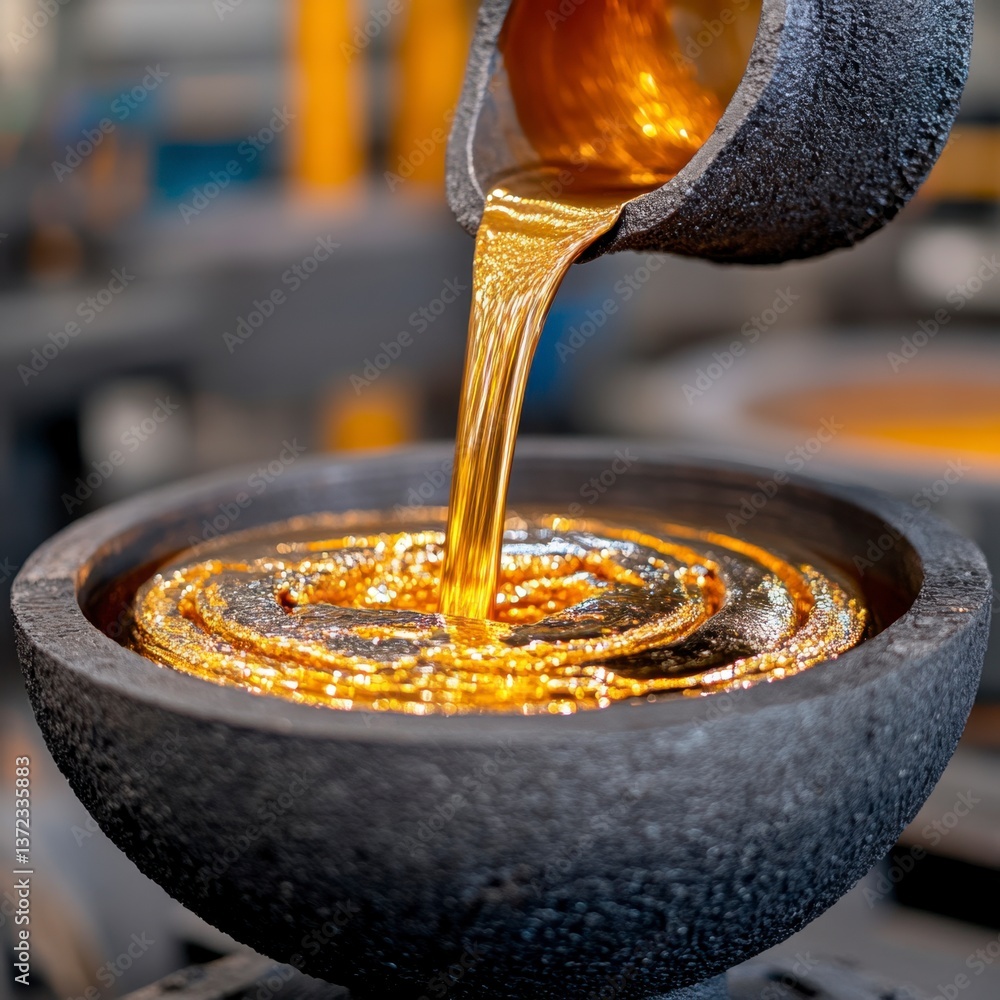 Poster molten gold being poured from a crucible into a mold, creating swirling patterns. the scene is set i