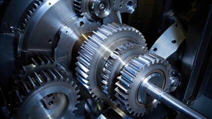 Large metallic gears interlock and rotate in a detailed view within an industrial machine. This setup demonstrates precision engineering in a manufacturing facility