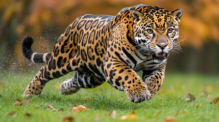 Obraz premium Powerful Jaguar Running Through Autumnal Grassland