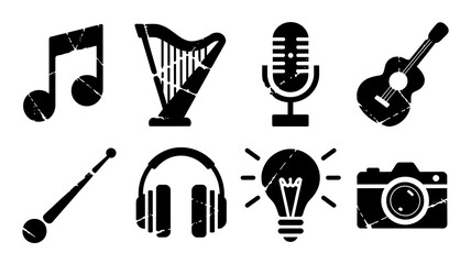 Obraz premium Black icons representing music, audio, and creative tools. 