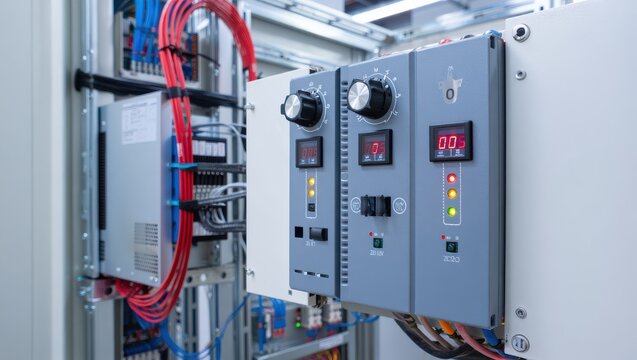 A control panel is highlighted with multiple knobs, digital displays, and indicator lights, demonstrating its use in managing electrical systems during an industrial process