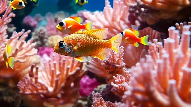 Colorful fish swimming among vibrant coral reefs. Stock photo showcasing marine life