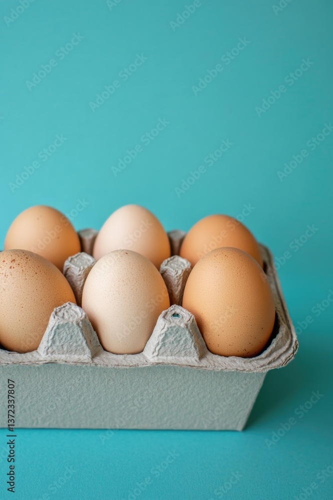 Poster a box containing eggs placed in front of a striking azure background.