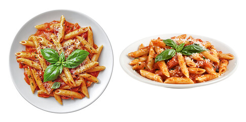 Penne pasta Arrabbiata with tomato sauce and basil, isolated on transparent background, italian food bundle