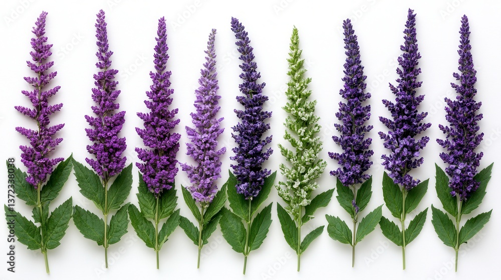 Poster purple and green flowers arranged in a row on a white background. the image features various shades 