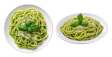 Spaghetti with green pesto sauce and basil isolated on transparent background, italian food bundle