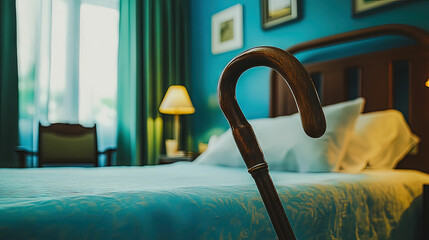 Wooden walking cane in bedroom for mobility aid and senior assistance