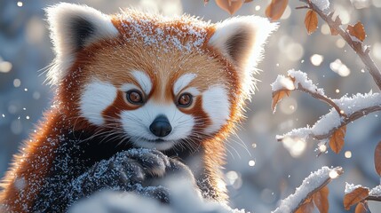 Snow Covered Red Panda in Winter Wonderland