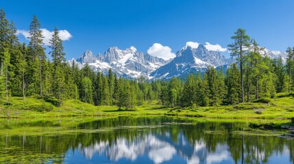 Serene mountain lake reflecting snow capped peaks under a bright blue sky. Lush green forest surrounds the calm water. Tranquil nature scene.