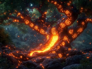 An ancient tree whose bark glows with celestial runes, pulsing softly as if alive with forgotten magic.