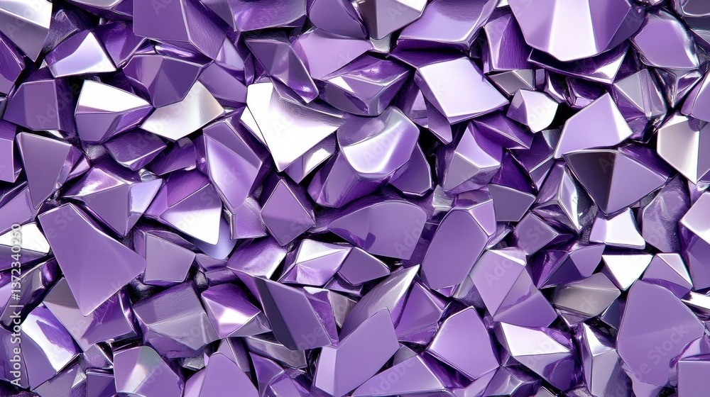 Poster abstract background of shattered purple and silver reflective fragments. irregular shapes and glossy