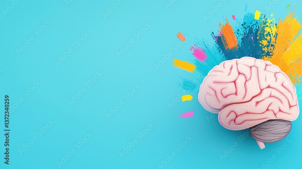 Poster a brain is on a blue background with a splash of color