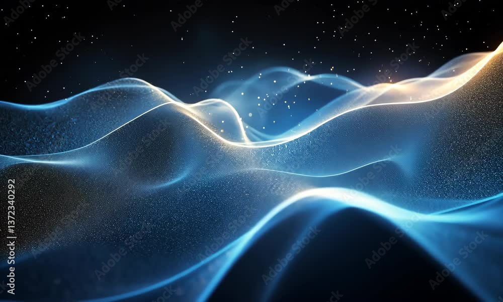 Poster abstract shimmering background with flowing energy waves and glowing particles