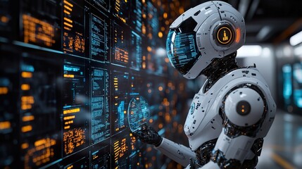 Fototapeta premium An AI agent monitoring global news trends in real-time, processing data, and generating intelligent summaries with floating holographic infographics.