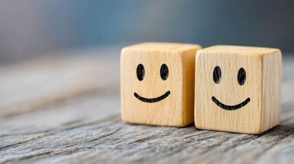 Two light brown wooden cubes with simple smiling faces rest on a gray wooden surface. The background is blurred, soft, and out of focus.