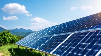 Solar panels in a field on a sunny day with mountains in the background. Blue sky with fluffy white clouds. Green hills and lush vegetation.