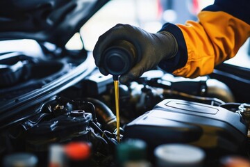 A car technician is in the process of replenishing the engine oil for optimal performance.